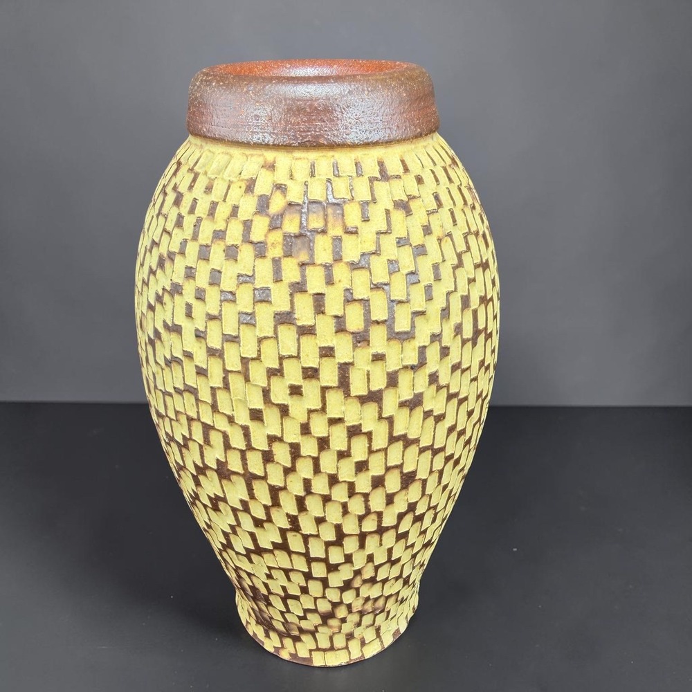 Margie Signed Studio Pottery Vase Textured Yellow Brown Basketweave 8‎ Inch
